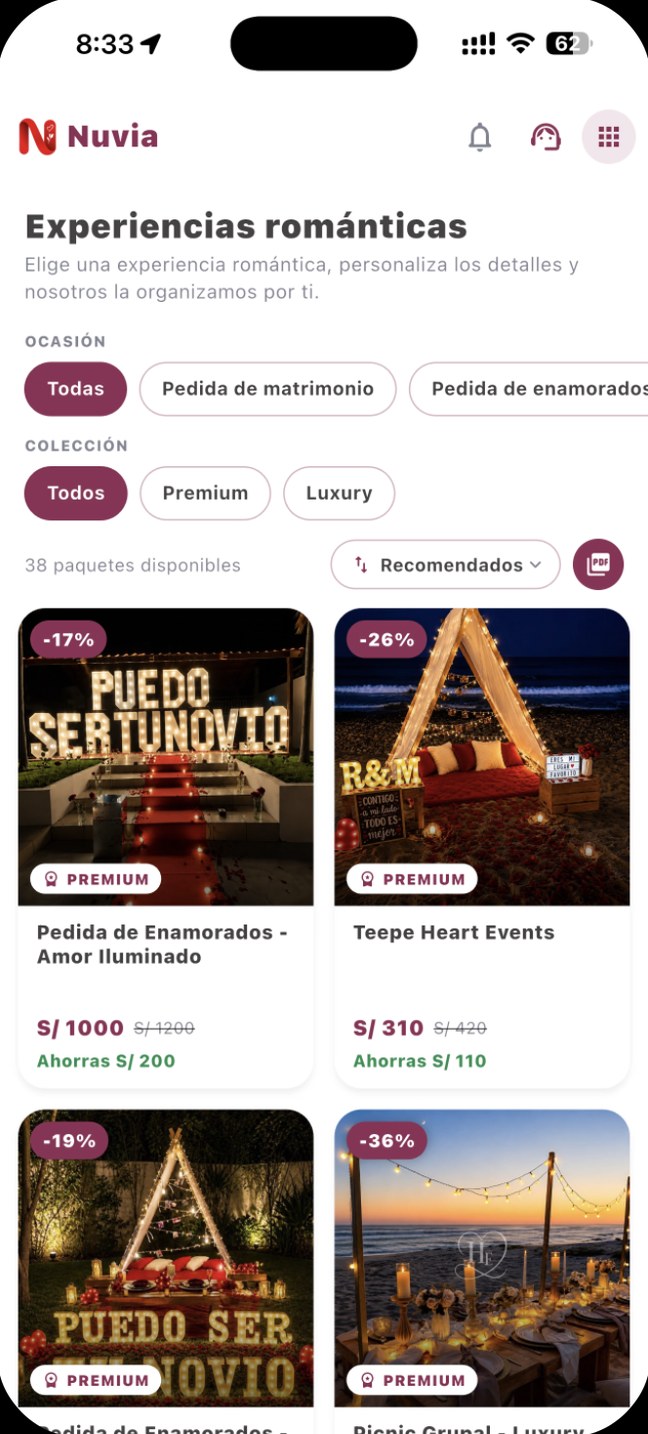 Experiencias románticas, en la app