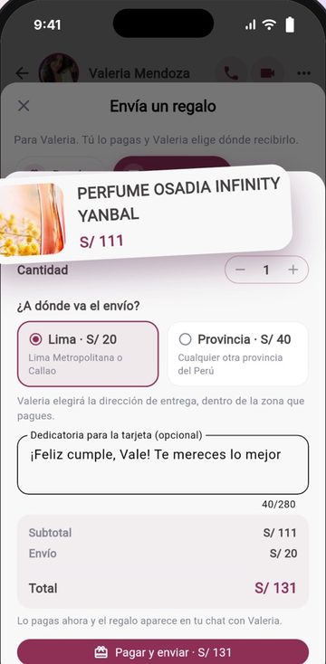 Zona de envío, dedicatoria y pago